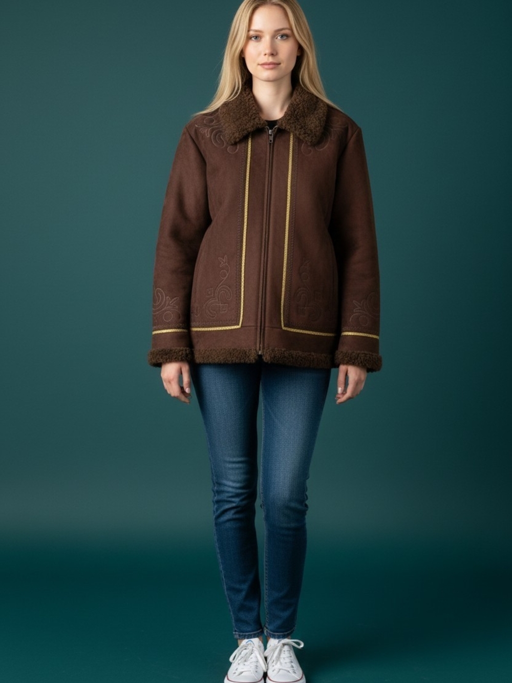 Coldwater Creek Brown Shearling-Gold Trim Zip Front Jacket